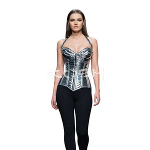 Custom Shiny Metallic PVC Overbust <b>Corset</b> with Spiked Halter Strap | High Compression Steel Boned <b>Body</b> <b>Shaper</b> <b>Corsets</b> - Product Image 1