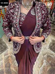 Saree en soie pure douce avec chemisier cousu prêt à porter pour la fête Saree Wuth broderie séquence travail - Product Image 2