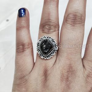 Joyería de piedra en bruto, anillo de mujer, piedra preciosa de turmalina negra cruda Natural, piedra natal de octubre, anillo bohemio, anillo de Plata de Ley 925 - Product Image 3