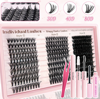 Set Bulu Mata Palsu Gaya Padat Tersegmentasi Eropa & AS 30D40D50D60D80D, Pita Plastik Hitam, 300 Rambut Sintetis