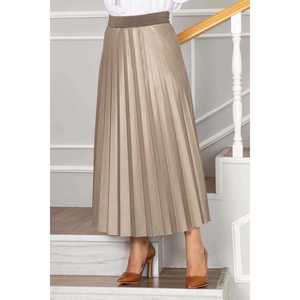 Beige <b>Elastic</b> Waist Pleated Satin Cotton Chiffon Hijab <b>Skirt</b> with Embroidery Soft and Breathable Midi Short Office Lady Style - Product Image 2