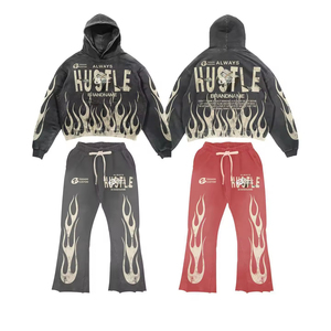 Ensemble survêtement personnalisé délavé à l'acide pour homme, sweat-shirt à capuche et pantalon de survêtement brodés déchirés, logo streetwear, survêtement pour la salle de sport - Product Image 1