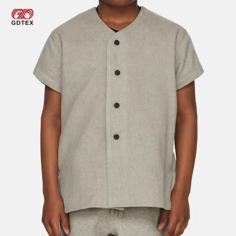 Gdtex Custom Merk Logo Private Label Hoge Kwaliteit Korte Mouwen V-Hals Knoopsluiting Kids Grey Honkbal T-Shirt
