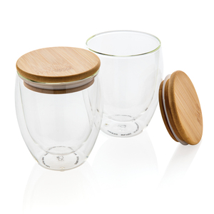 Set di tazze di vetro a doppia parete da 250ml con coperchio in bambù - Product Image 1