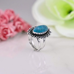 Classical Women's 925 Sterling <b>Silver</b> Rhodium <b>Boho</b> Style Turquoise Gemstone Handmade Wedding Engagement <b>Ring</b> for Party - Product Image 3