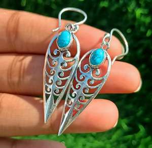 Boho 925 Silver Plated Vintage Turquoise Gemstone Dangle Drop Earrings Handmade Jewelry Gift For Women Unique Earrings - Product Image 6