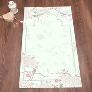 Alfombra de Oración Floral: Alfombra Estampada con Diseño Islámico en Tonos Suaves, Alfombra Delgada No Tejida - Product Image 1
