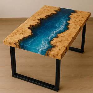 Table à manger rectangulaire en résine époxy avec vagues océaniques, style mi-siècle, bureau artisanal, intérieur de luxe pour la maison - Product Image 2