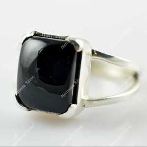 925 Sterling Silver Black Onyx <b>Ring</b> Handmade <b>Statement</b> Promise Jewelry with Natural Cushion Gemstone Licensed July Inlay Setting - Product Image 1