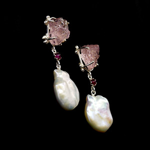 Boucles d'oreilles à la mode suspendues en argent sterling 925 Tourmaline baroque perle Dangler pierres précieuses brutes dames - Product Image 4