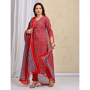 Ensemble décontracté kurta et pantalon en coton avec dupatta mulmul rouge imprimé à blocs, tenue traditionnelle indienne - Product Image 6