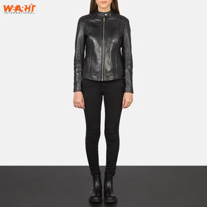 Veste en cuir de vachette véritable pour femmes élégantes Noir Slim Fit Moto Design Zip Respirant WearHit Casual Outerwear Coat Solid - Product Image 2