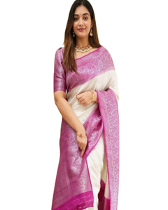 Hermoso Sari de seda indio tradicional con rico pallu y Jacquard para fiestas en las estaciones de verano e invierno - Product Image 1