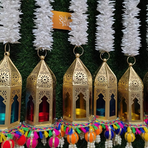 Vintage Home Accents Moroccan Metal <b>Tea</b> Light Holders Colorful Glass Jasmine String (<b>Set</b> 2) for Diwali Decor <b>Party</b> Lantern Lamp - Product Image 1