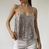 Débardeur Camisole à Paillettes pour Femme, Blouse Décontractée à Bretelles Fines Scintillantes en Polyester Tissé