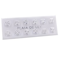 6 Pares de Aretes de Plata de Ley 925 con Circonita Geométrica de Corte Princesa de 5x5 mm, Hipoalergénicos, Unisex, Estilo Bohemio, con Engaste de Garra, para Regalo