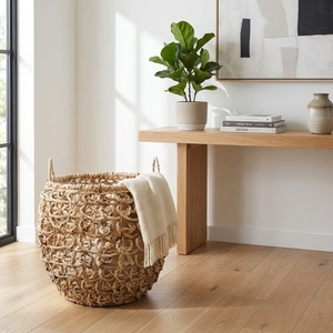 Panier de rangement naturel tressé à la main en treillis ouvert, pot rond, organiseur de linge, décoration, design artistique pur - Product Image 5