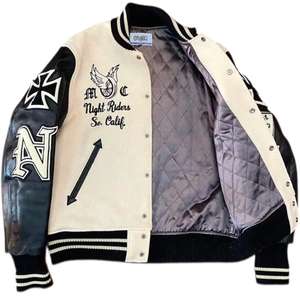 Chaqueta universitaria con logotipo personalizado, Mangas de cuero bordadas, chaqueta negra de béisbol universitario para parejas, chaqueta de hombre Letterman Varisty - Product Image 2