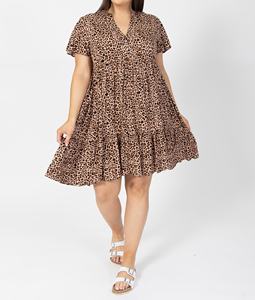 Vestido Casual de Verano para Mujer Tallas Grandes, Estampado de Leopardo, Gasa, Corte A, Ecológico, Vintage, Cuello en V, Manga Casquillo, Escalonado, Largo hasta la Rodilla - Product Image 5