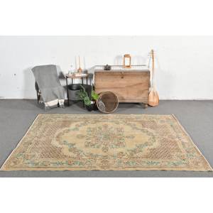 Tapis turc vintage, respectueux de l'environnement, en latex beige brun, laine, tissage plat, motif patchwork, traditionnel, 5,2 x 7,9 pieds, salon, couloir - Product Image 1