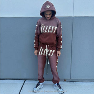 Fabricante personalizado remache diamantes de imitación chándales DTG Impresión 2 piezas pantalones con capucha conjunto de peso pesado Zip up chándales conjuntos hombres - Product Image 1