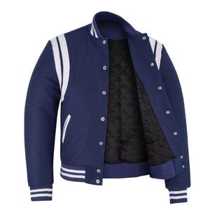 Chaqueta Varsity Azul de Lana para Hombre con Rayas en los Hombros, Cuello y Puños Acanalados, Estilo Bomber Casual, Ajuste Delgado, Cómoda y Cálida - Product Image 3