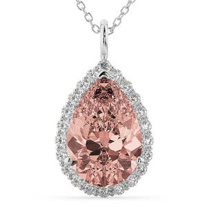 Collier pendentif Halo en or blanc 14 carats, morganite, diamant 4,04 carats, forme poire, plaqué rhodium, chaîne gourmette, pierre principale saphir géométrique - Product Image 3