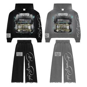 Pantalon de survêtement unisexe lavé à l'acide personnalisé 100% coton Patch brodé Rhinestone Baggy Fit Terry Men's Ripped Style ODM Supply - Product Image 1