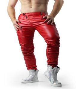 กางเกงหนังแกะแท้สำหรับผู้ชายกางเกงรัดรูปหนังแท้สีแดง - Product Image 3