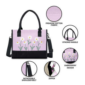 Purple Floral Embroidered <b>Canvas</b> <b>Tote</b> Bag Lightweight Eco-Friendly Daily Use Zipper Closure Custom Logo Washable Reusable - Product Image 3