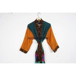 Handmade Boho Style <b>Women's</b> 100% Silk Luxury Kimono Robe Patchwork Design Drawstring Closure Full Length Long Soft Breathable - Product Image 2