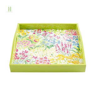 Plateau de service bohème en bambou laqué floral fait à la main, écologique, finition or vert, décoration de la maison et de la cuisine, cadeaux - Product Image 4