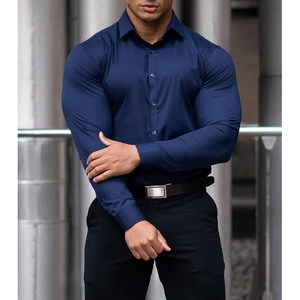 Camisa de Vestir para Hombre, Mezcla de Algodón y Bambú, Manga Larga, Cuello Mao, Elástica, Lisa, Informal de Negocios, Oficina, Ropa Formal - Product Image 5
