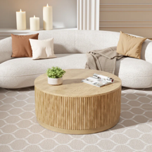 Lineage Corporation's Modern Design Round Coffee Table Madera maciza Acento Fresno Roble Extensible Rattan DrumTop Pieza de acento elegante - Product Image 4