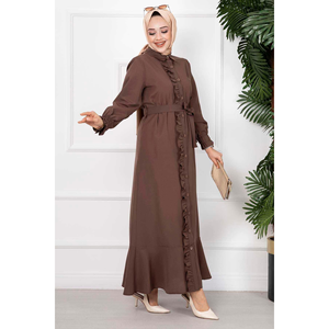 Long Modest Brown <b>Dress</b> Ruffle Detail Linen Vintage Print Pattern Casual Formal Puff Sleeves <b>Maxi</b> Length Summer Winter Use Back - Product Image 4