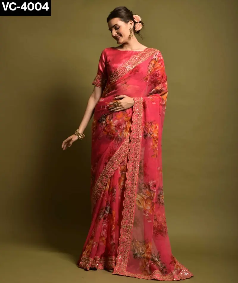 Ấn Độ phong cách dân tộc georgette với hoa in Sari với công việc Thêu Cắt làm việc Ren biên giới và ren lớn với banglory Áo