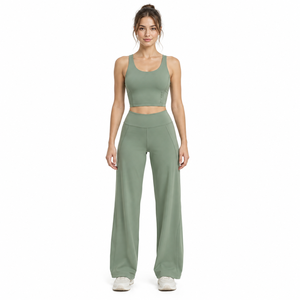 Conjunto Deportivo de Dos Piezas para Mujer: Top Corto con Espalda Cruzada y Pantalones de Pierna Ancha, Cintura Alta, para Yoga y Descanso, OEM, Marca Privada, Venta al Por Mayor - Product Image 2