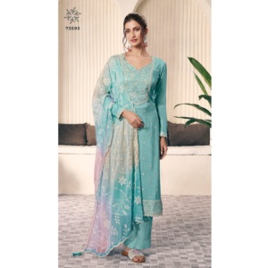 Costume Moonga 3 pièces en soie Top Shalwar et robe à coupe droite Kurti Vêtements pakistanais pour femmes Style indien et pakistanais - Product Image 1