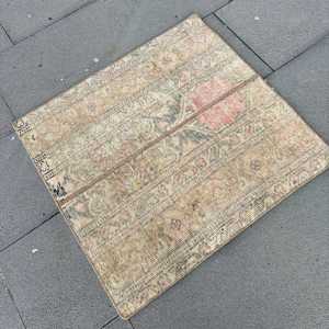 Vintage Rug, Small 2.1x2.2 ft Turkish Rug, <b>Brown</b> Pink Check <b>Wool</b> Rug - Product Image 2