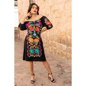 Women Black V-neck Floral Embroidered Eco-Friendly Natural Mexican Ethnic Handmade Cotton Boho Boutique <b>Summer</b> Wear <b>Dress</b> - Product Image 1