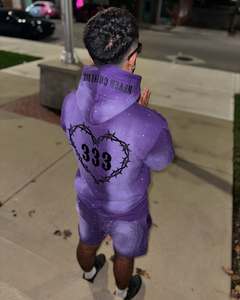 Sudadera con capucha desgastada de peso pesado personalizada con diamantes de imitación recortada Boxy Raw Hem lavado con ácido y pantalones de chándal Acampanados para hombre - Product Image 1