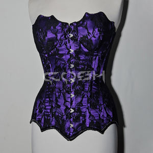 Corset surbuste à baleines spirales en satin violet avec superposition de dentelle florale noire, vente en gros |   Corsets sur mesure par Cosh Intl - Product Image 1