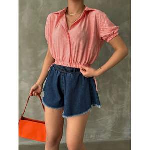 Topshow Women's Orange Plaid <b>Elastic</b> <b>Waistband</b> Shirts Wholesale Blouses & Shirts - Product Image 3