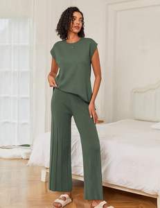 <b>Lounge</b> <b>Sets</b> for Women <b>Two</b> <b>Piece</b> Outfits Knit Cap Sleeve Tops Wide Leg Pleated Pants Casual Dressy Sweater <b>Sets</b> - Product Image 5