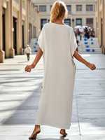 Robe Kaftan Bohème Brodé à Taille Naturelle Unie, Col en V, Longue, en Viscose, Bleu Marron, Ethnique, Respirante, Lavable, Fait Main
