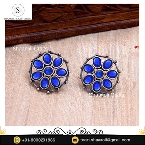 Bijoux en laiton indien traditionnel plaqué argent Antique oxydé boucles d'oreilles pour femmes Style ethnique pour cadeau de fiançailles de fête - Product Image 3