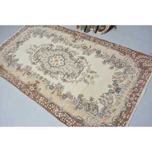 3.9x7.1 ft Eco Friendly Turkish Rug Vintage Moroccan <b>Wool</b> Rug with Patchwork Design and Latex Backing <b>Brown</b> Blue - Product Image 4