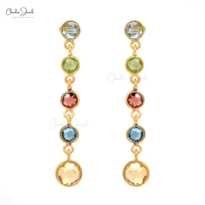 Long Lightweight 925 Sterling Silver Yellow Gold Plated Multi Gemstone Unique Style Hanging Ladies Dangling Earrings Supplier