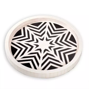 Plateau en bois élégant de style arabe incrustation d'os naturel et plateau de service en résine utiliser décor de cuisine fête de mariage motif noir et blanc - Product Image 6