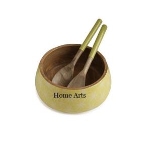 Bol de nourriture en bois imprimé avec 2 cuillères de qualité supérieure bol de service de collations à salade de forme ronde au meilleur prix en Inde - Product Image 1